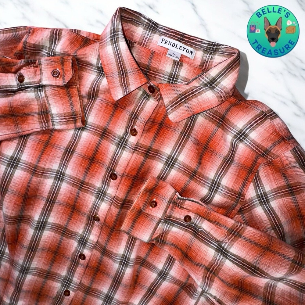 Pendleton Shirt Womens Large Orange Plaid Feminine Cut Soft Western Button Up